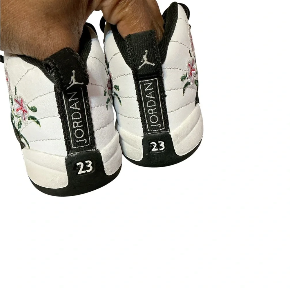 Air Jordan 12 Retro White Black Floral Toddler Crib Shoes size 5c‎